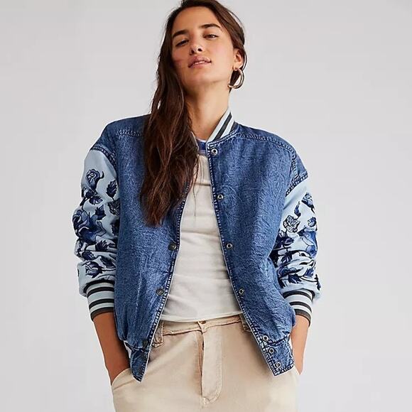 New Free People WTF Team Spirit Jacket $298 SMALL Stone Blue Floral Embroidery - Picture 1 of 8